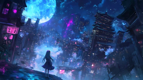 Girl overlooking dense neon city under large blue moon.