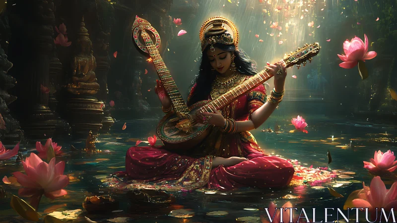 Divine musician sits in lotus pond playing ornate veena