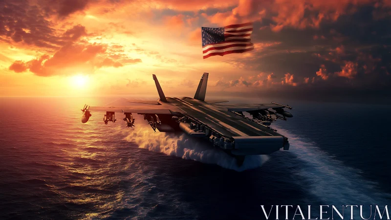 Futuristic naval aircraft carrier jet hybrid at sunset seascape