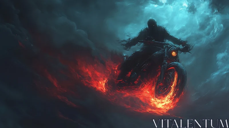 Flaming motorcycle rider charges through stormy blue clouds.