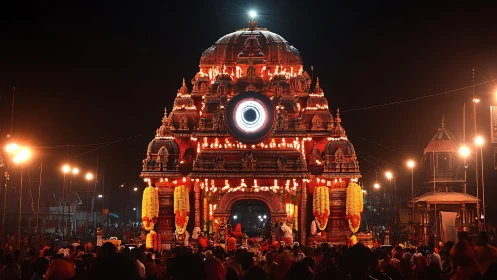Illuminated Hindu temple glows against night sky during festival