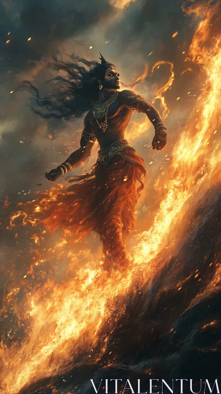 Storm-tressed fire deity striding along a molten horizon.