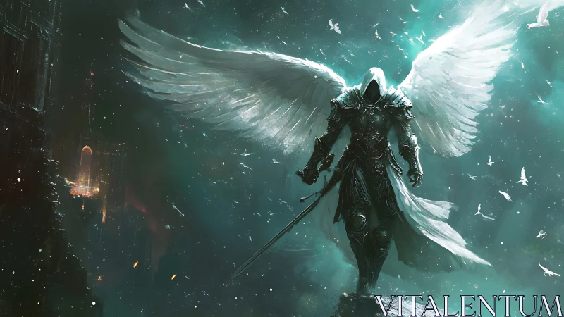 Armored angel descends through teal stormlit heavens.