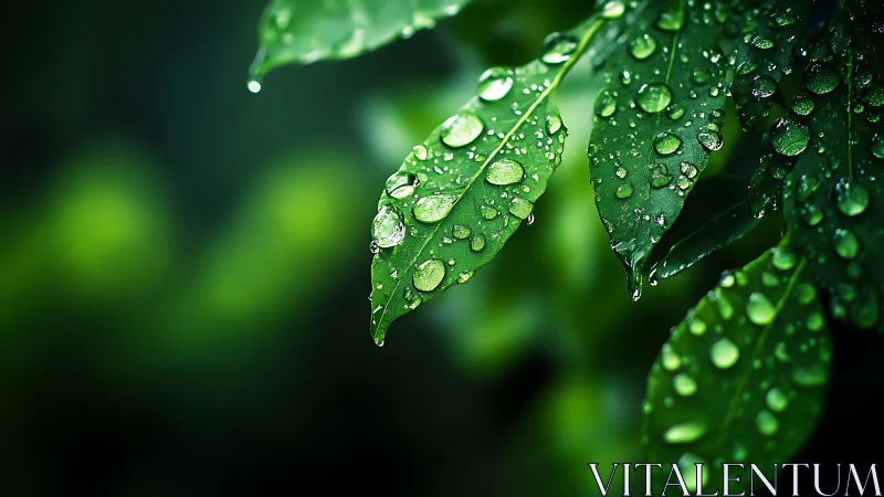 Rain-kissed emerald leaves glitter in soft forest hush.