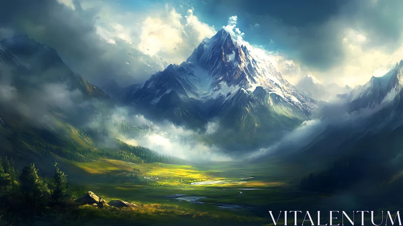 Sunlit alpine valley unfolds beneath towering misty peaks
