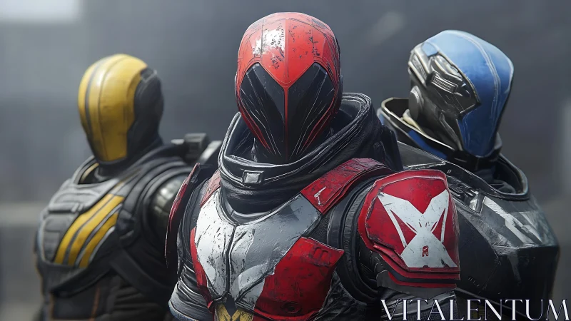 Bold sci-fi trio stand united in worn, colorful armor
