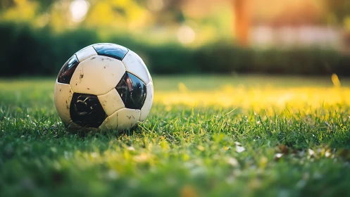 Weathered soccer ball rests on sunlit green grass field.