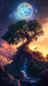 Enchanted world tree under glowing moon and waterfall.