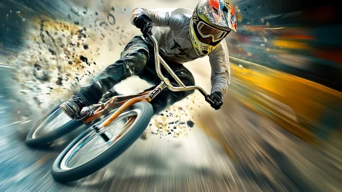 Dust-slicing downhill rider frozen in a blur of bright speed.