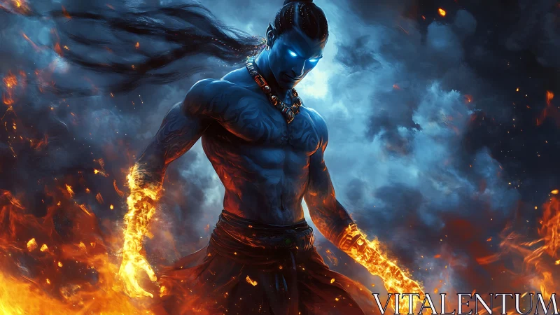 Fire elemental warrior stands in blue inferno haze