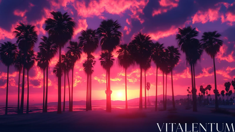 Neon gradient sunset behind symmetrical coastal palm grove