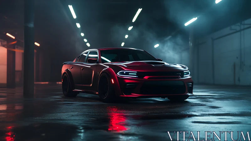 Midnight red muscle car stalks neon-lit industrial silence.