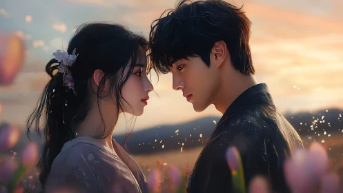 Two figures locked in intimate gaze amid glowing flower field.