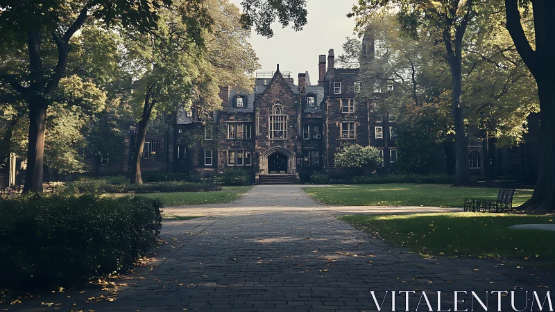 Autumn hush around ivy-clad collegiate courtyard facade.