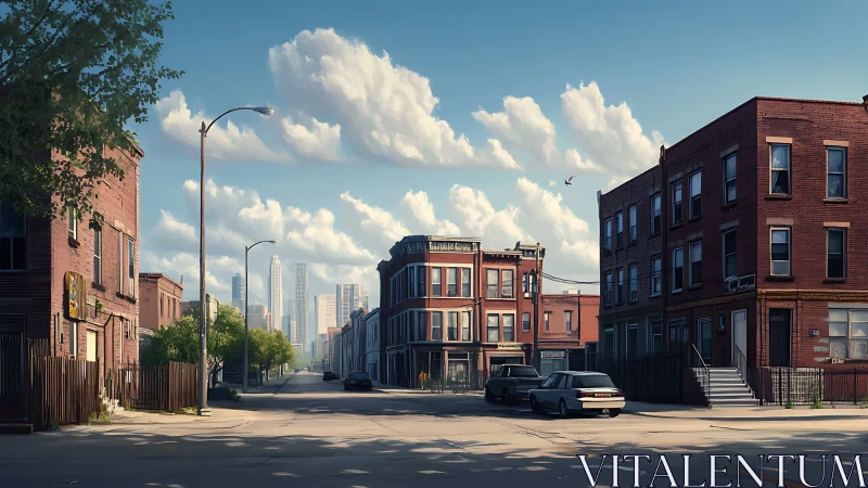 Sunlit neighborhood street meets distant modern skyline.