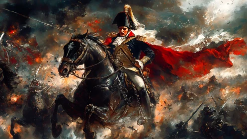 Commander on rearing warhorse charges through blazing battlefield.