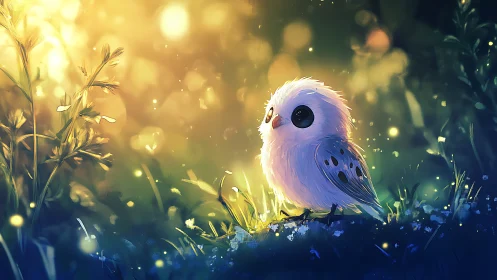 Adorable Fluffy Bird in Magical Forest, Digital Fantasy Art.