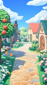 Cartoon village path runs between stylized houses and trees