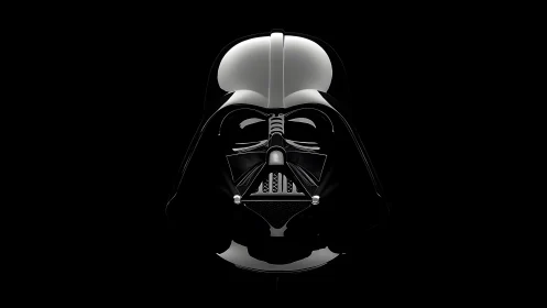 Dark helmet mask on black background, digital 3D render style.