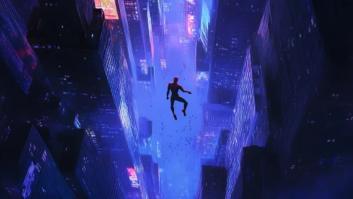 Silhouetted superhero falls through neon lit city canyon at night