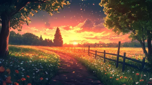 Sunlit country path through flower field at golden sunset.