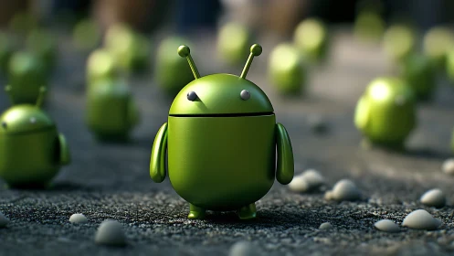 Green android mascot stands on textured ground among clones