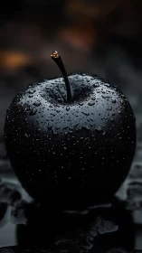 Black apple with water droplets stands against dark background