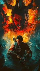 War-torn hunter beneath fiery demon visage in contrast.