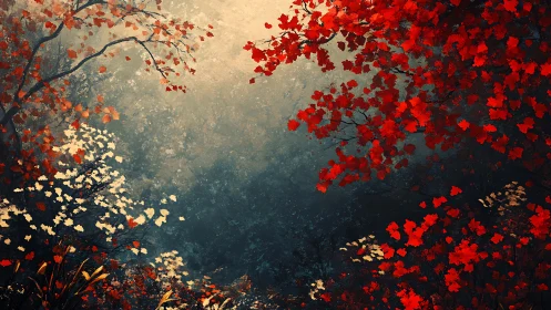 Scarlet autumn canopy frames a misty, dreamlike forest glade