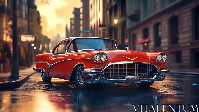 Classic red coupe parked on wet city street at dusk.