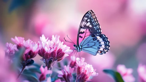 Gentle butterfly resting in dreamy pink garden light.