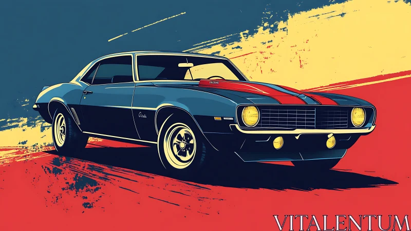 Retro muscle car cruising through bold graphic color fields.