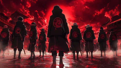 Cloaked warriors advance under blood red sky through mist