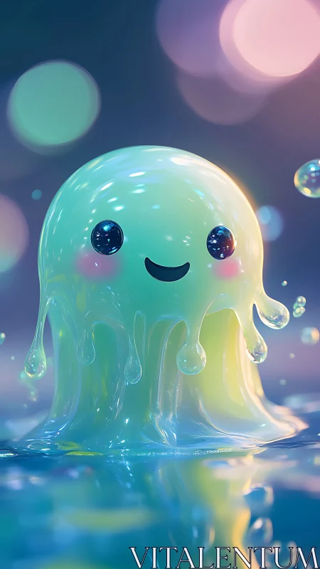 Smiling glossy slime character in glowing liquid scene.