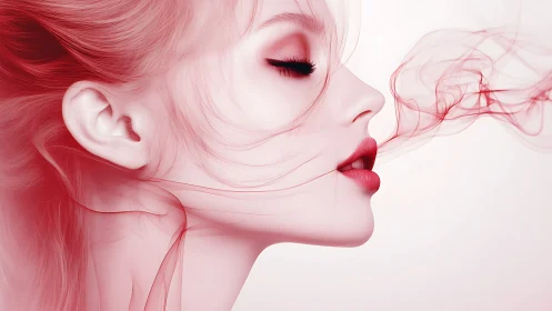 Profile portrait merges breath and red ethereal smoke.
