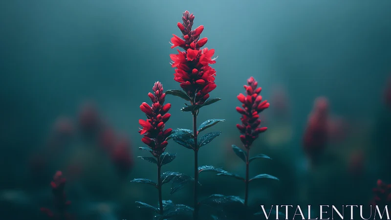 Red Wildflowers in Rain.