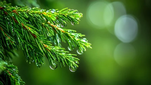 Macro depth-of-field study of wet conifer needles after rainfall