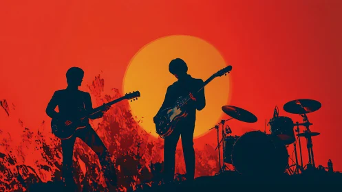 Rock band silhouettes performing before blazing sunset.