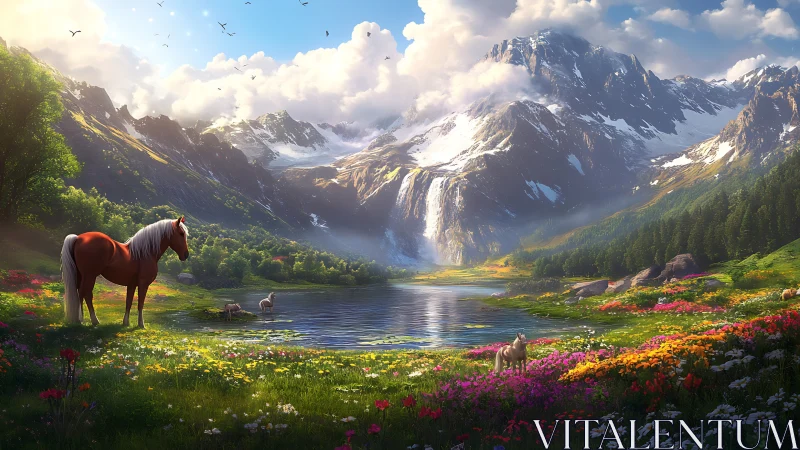 Serene horses rest beside a lake in radiant alpine spring.