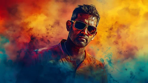 Cool confidence in swirling sunset and electric smoke.