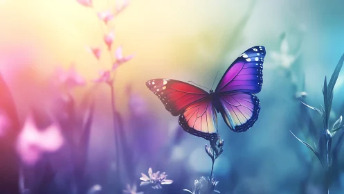 Vibrant rainbow butterfly hovers over soft focus wildflowers