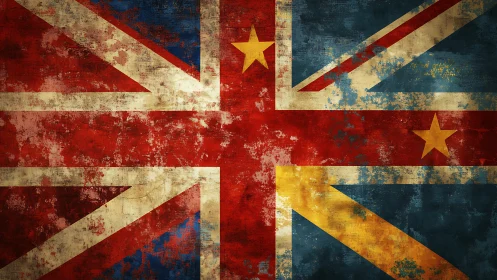 Grungy merged flag design with worn union and golden stars.