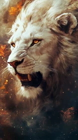 White lion portrait rendered in high-detail digital painting flame haze