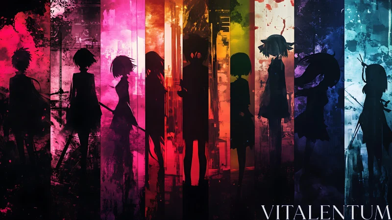 Silhouetted anime figures stand in vertical neon color bands