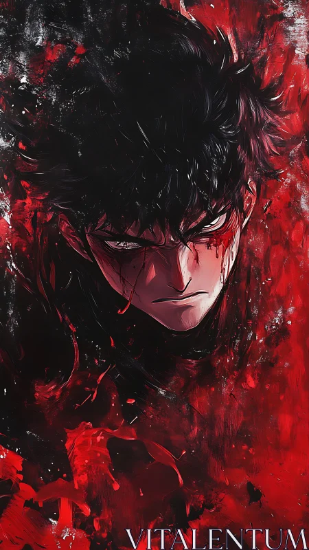 Blood-splattered anime antihero portrait in red abstraction.