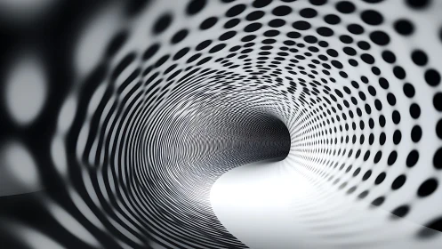 Monochrome dotted tunnel curves into abstract digital void.