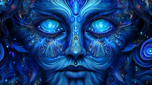 Cosmic blue visage merges human features with swirling galaxies