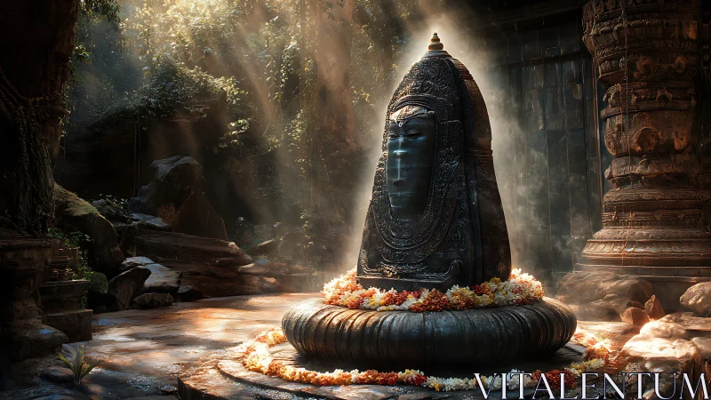 Stone lingam monument in forest shrine with light shafts.