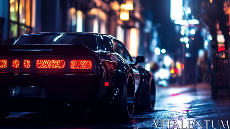 Retro muscle car glows under neon city night rain.