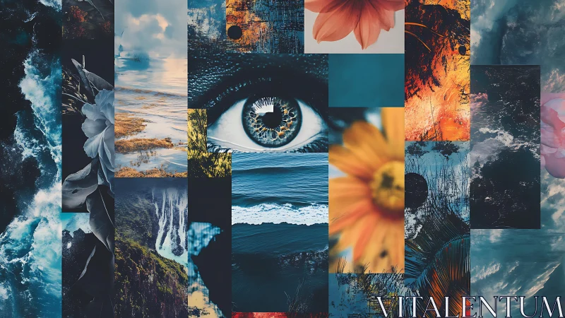 Surreal eye collage unites ocean power, floral calm and firelight